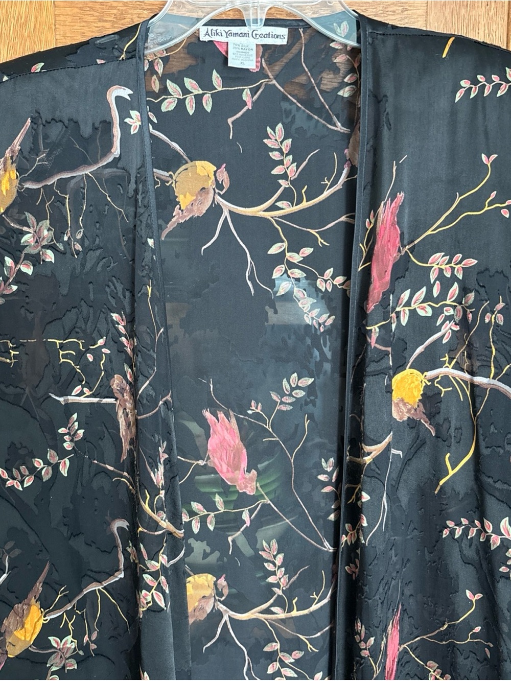 Aliki Yamini Creations Black Floral With Birds Silk Lightweight Open Jacke